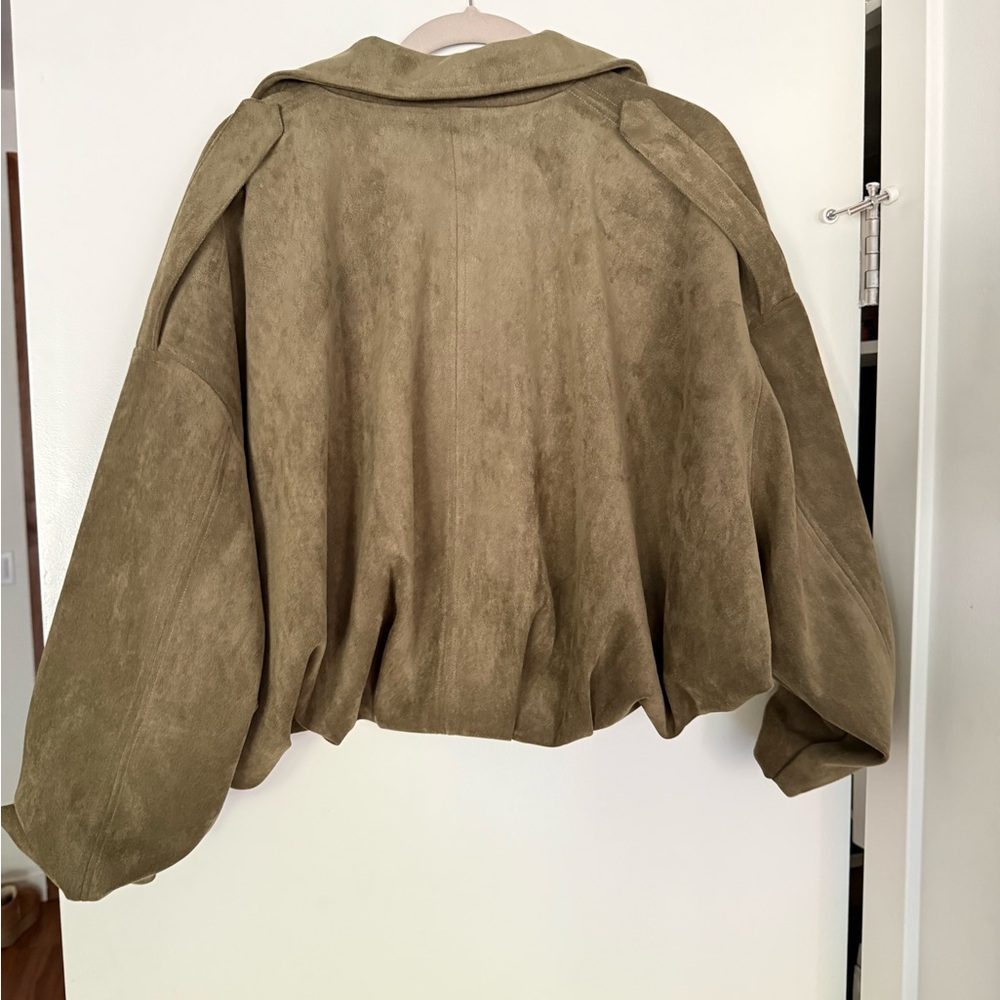 Olive Suede Bomber Jacket - Picture 3 of 4